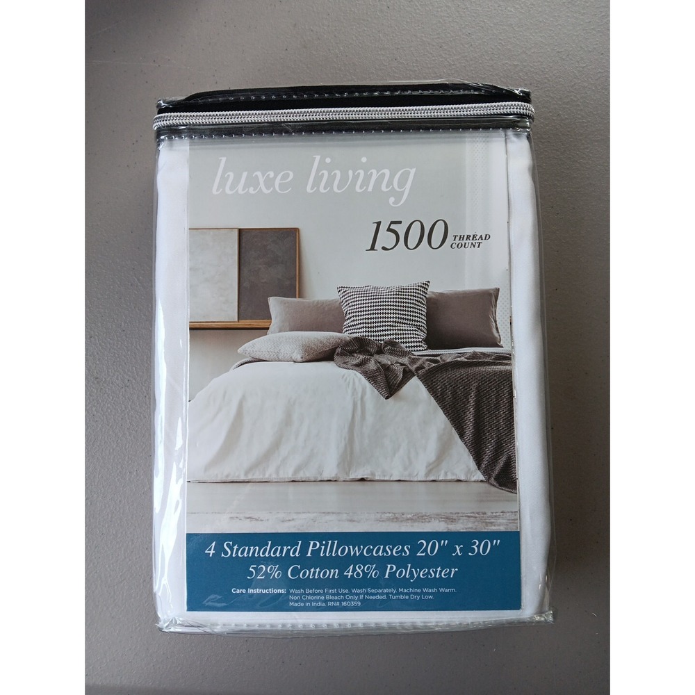 Luxe Living Set of 4 Standard Pillowcases White 1500‎ Thread Count NEW Bedding